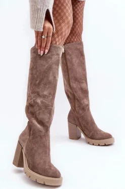 Damskie Boto Zamszowe Kozaki Damskie Na Słupku Ciemnobeżowe Lewski 3371