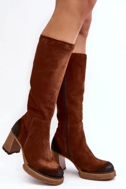 Boto Kozaki Ocieplane|Kozaki Na Słupku*Zamszowe Kozaki Damskie Na Słupku Przed Kolano Lemar Ciemnobrązowe Ceraxa