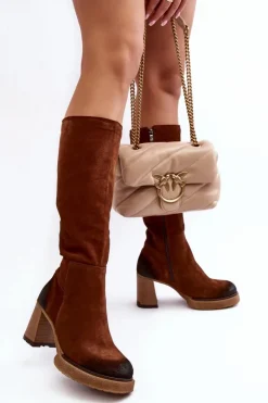 Boto Kozaki Ocieplane|Kozaki Na Słupku*Zamszowe Kozaki Damskie Na Słupku Przed Kolano Lemar Ciemnobrązowe Ceraxa