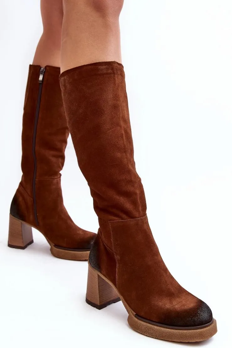 Boto Kozaki Ocieplane|Kozaki Na Słupku*Zamszowe Kozaki Damskie Na Słupku Przed Kolano Lemar Ciemnobrązowe Ceraxa