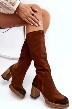 Boto Kozaki Ocieplane|Kozaki Na Słupku*Zamszowe Kozaki Damskie Na Słupku Przed Kolano Lemar Ciemnobrązowe Ceraxa