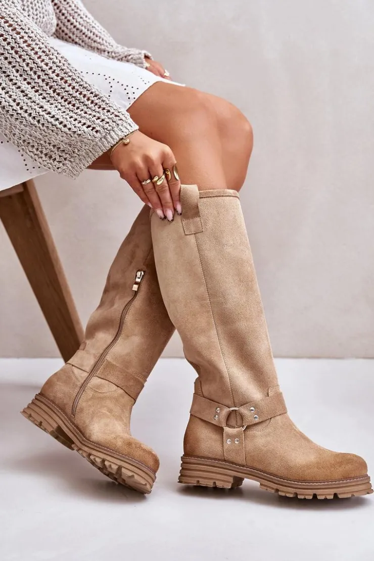 Clearance Zazoo Zamszowe Kozaki Damskie Przed Kolano Lewski 3615 Beżowe