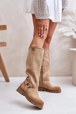 Clearance Zazoo Zamszowe Kozaki Damskie Przed Kolano Lewski 3615 Beżowe