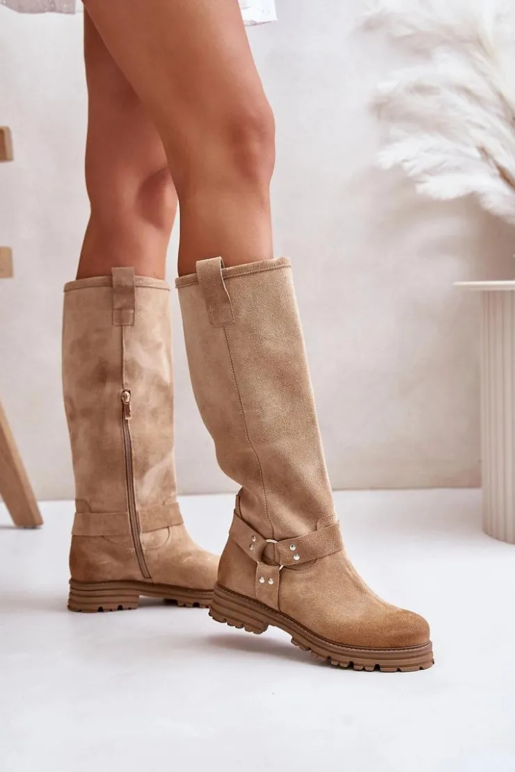 Clearance Zazoo Zamszowe Kozaki Damskie Przed Kolano Lewski 3615 Beżowe