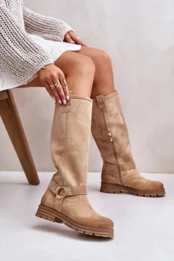 Clearance Zazoo Zamszowe Kozaki Damskie Przed Kolano Lewski 3615 Beżowe