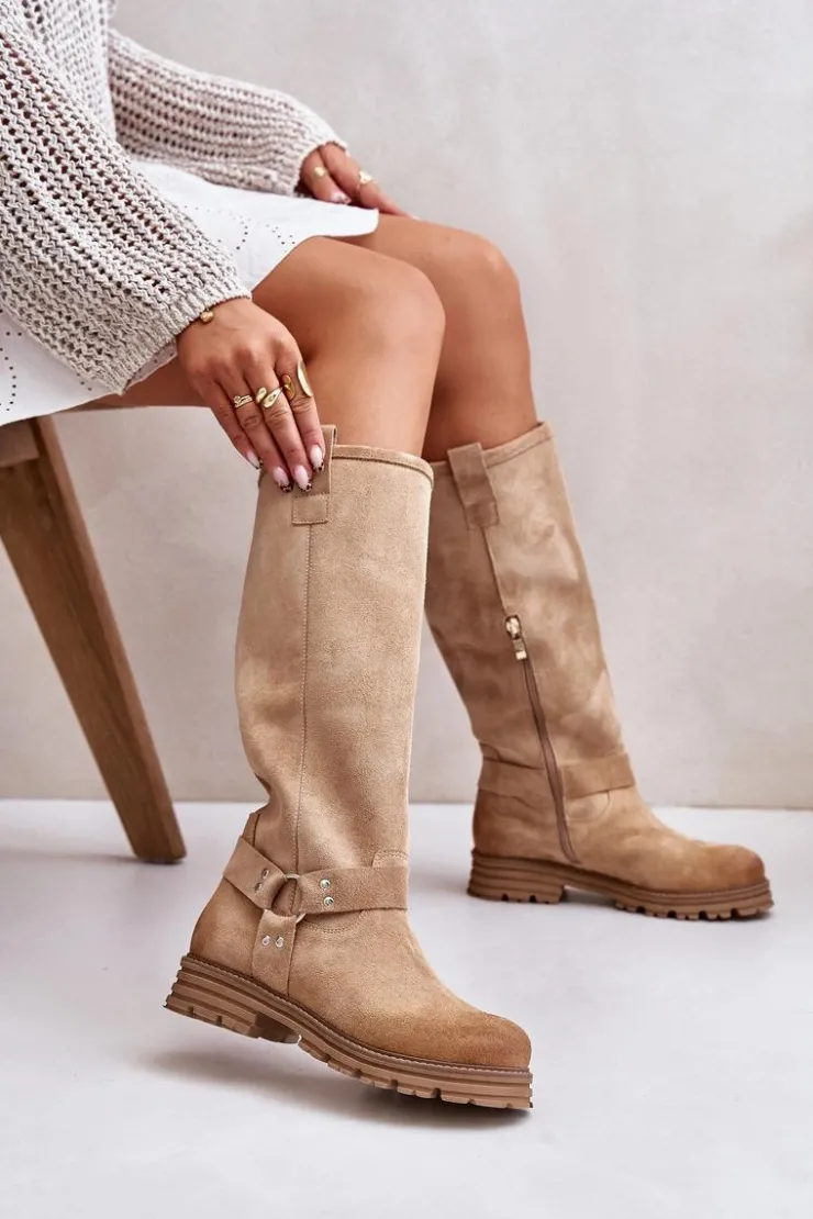 Clearance Zazoo Zamszowe Kozaki Damskie Przed Kolano Lewski 3615 Beżowe