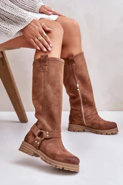 Damskie Zazoo Zamszowe Kozaki Damskie Przed Kolano Lewski 3615 Brązowe