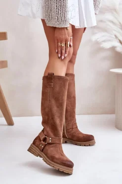 Damskie Zazoo Zamszowe Kozaki Damskie Przed Kolano Lewski 3615 Brązowe