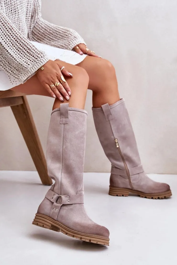 Online Zazoo Zamszowe Kozaki Damskie Przed Kolano Lewski 3615 Cappucino Beżowy