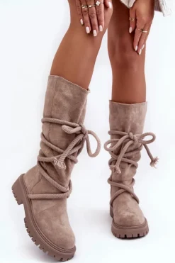 Boto Kozaki Płaskie|Kozaki Przed Kolano*Zamszowe Kozaki Damskie Z Wiązaniem Beżowe Tanive