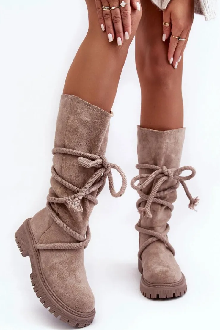 Boto Kozaki Płaskie|Kozaki Przed Kolano*Zamszowe Kozaki Damskie Z Wiązaniem Beżowe Tanive
