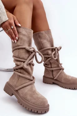 Boto Kozaki Płaskie|Kozaki Przed Kolano*Zamszowe Kozaki Damskie Z Wiązaniem Beżowe Tanive