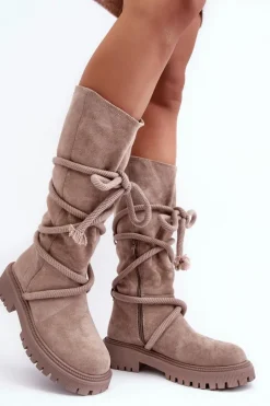 Boto Kozaki Płaskie|Kozaki Przed Kolano*Zamszowe Kozaki Damskie Z Wiązaniem Beżowe Tanive