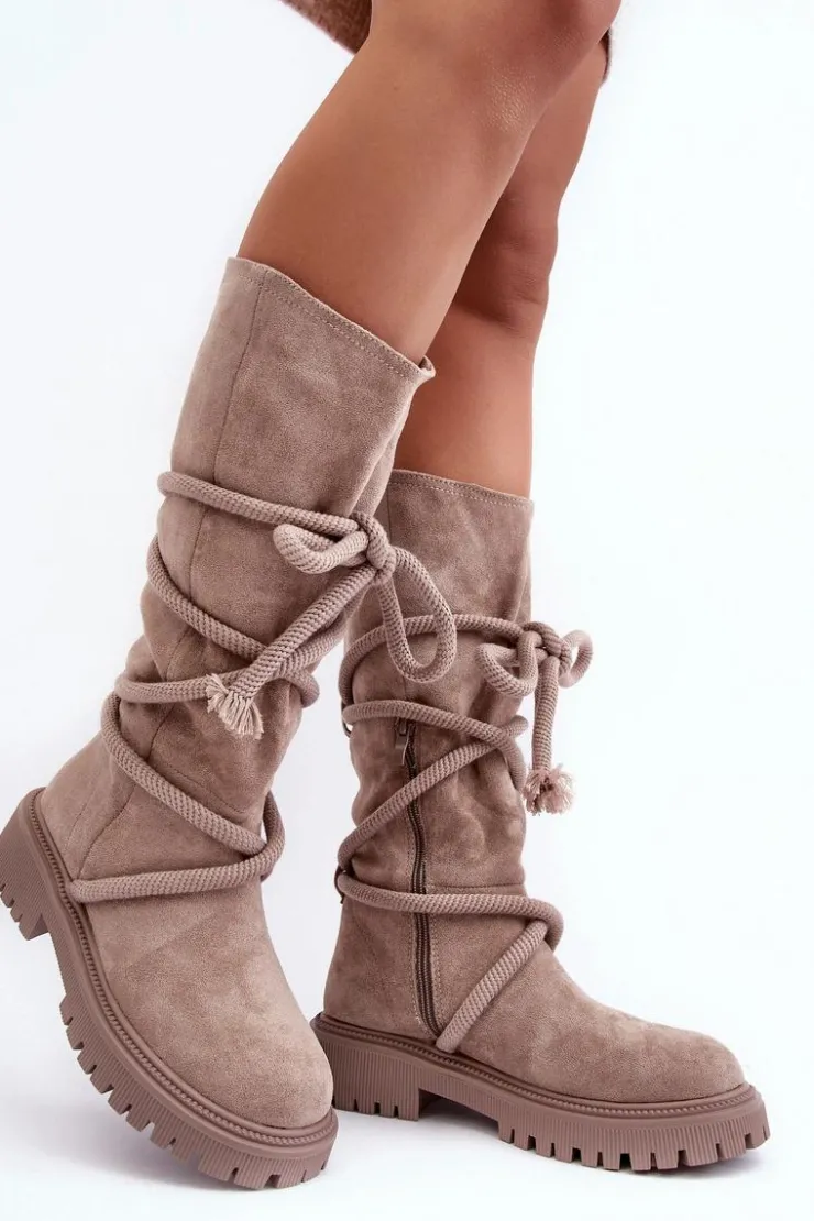 Boto Kozaki Płaskie|Kozaki Przed Kolano*Zamszowe Kozaki Damskie Z Wiązaniem Beżowe Tanive