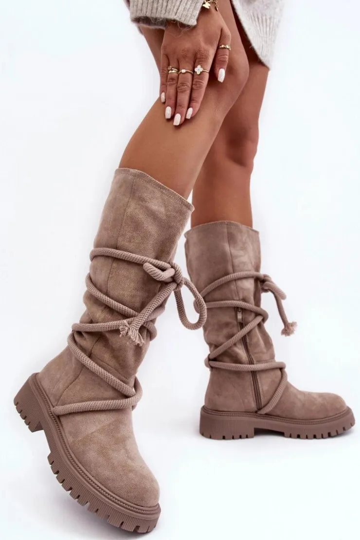 Boto Kozaki Płaskie|Kozaki Przed Kolano*Zamszowe Kozaki Damskie Z Wiązaniem Beżowe Tanive