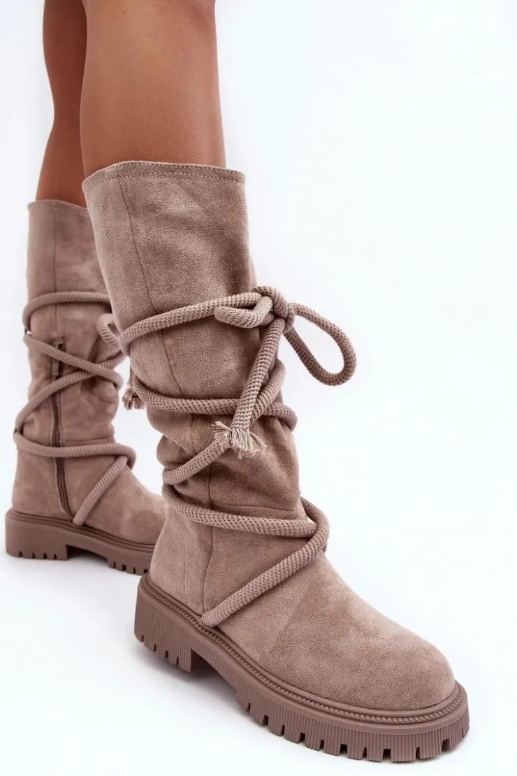Boto Kozaki Płaskie|Kozaki Przed Kolano*Zamszowe Kozaki Damskie Z Wiązaniem Beżowe Tanive