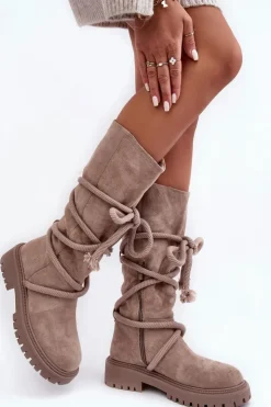 Boto Kozaki Płaskie|Kozaki Przed Kolano*Zamszowe Kozaki Damskie Z Wiązaniem Beżowe Tanive