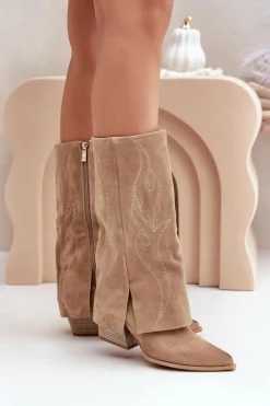 Damskie Zazoo Zamszowe Kozaki Do Połowy Łydki Z Wywiniętą Cholewką Na Słupku Beżowe 3487