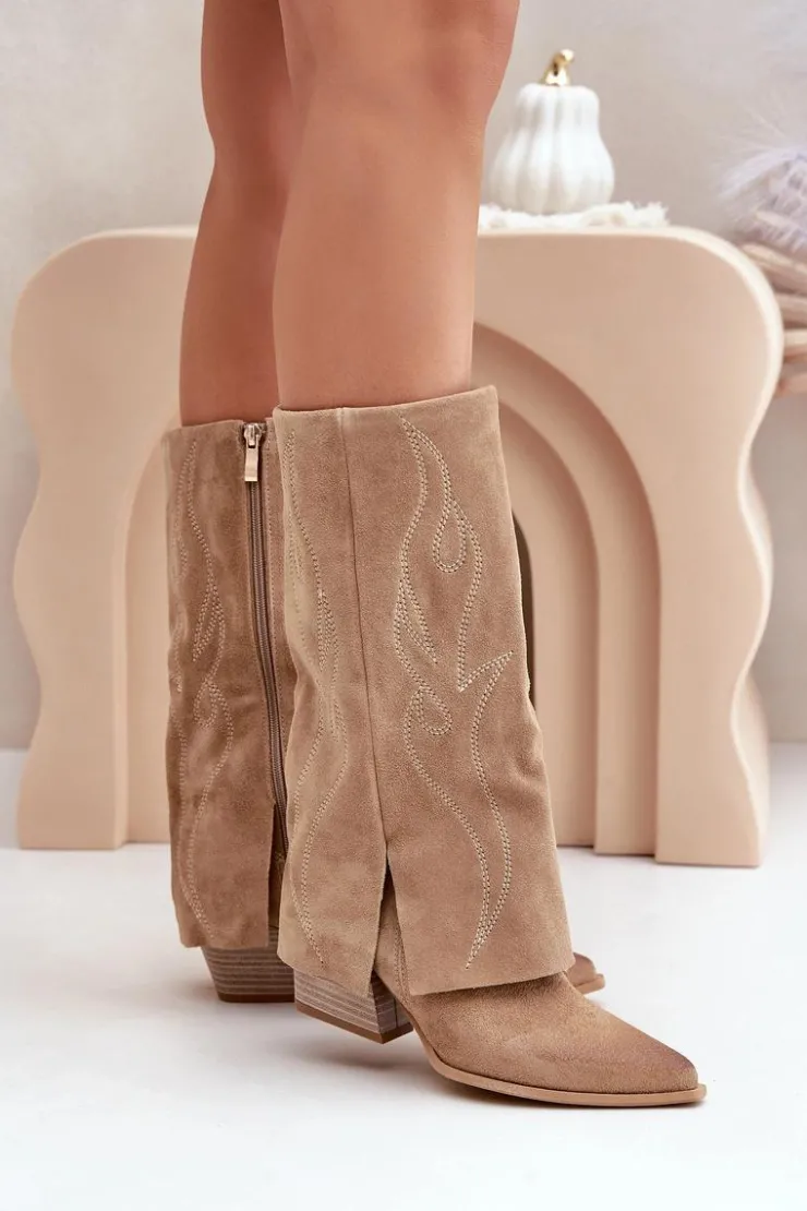 Damskie Zazoo Zamszowe Kozaki Do Połowy Łydki Z Wywiniętą Cholewką Na Słupku Beżowe 3487