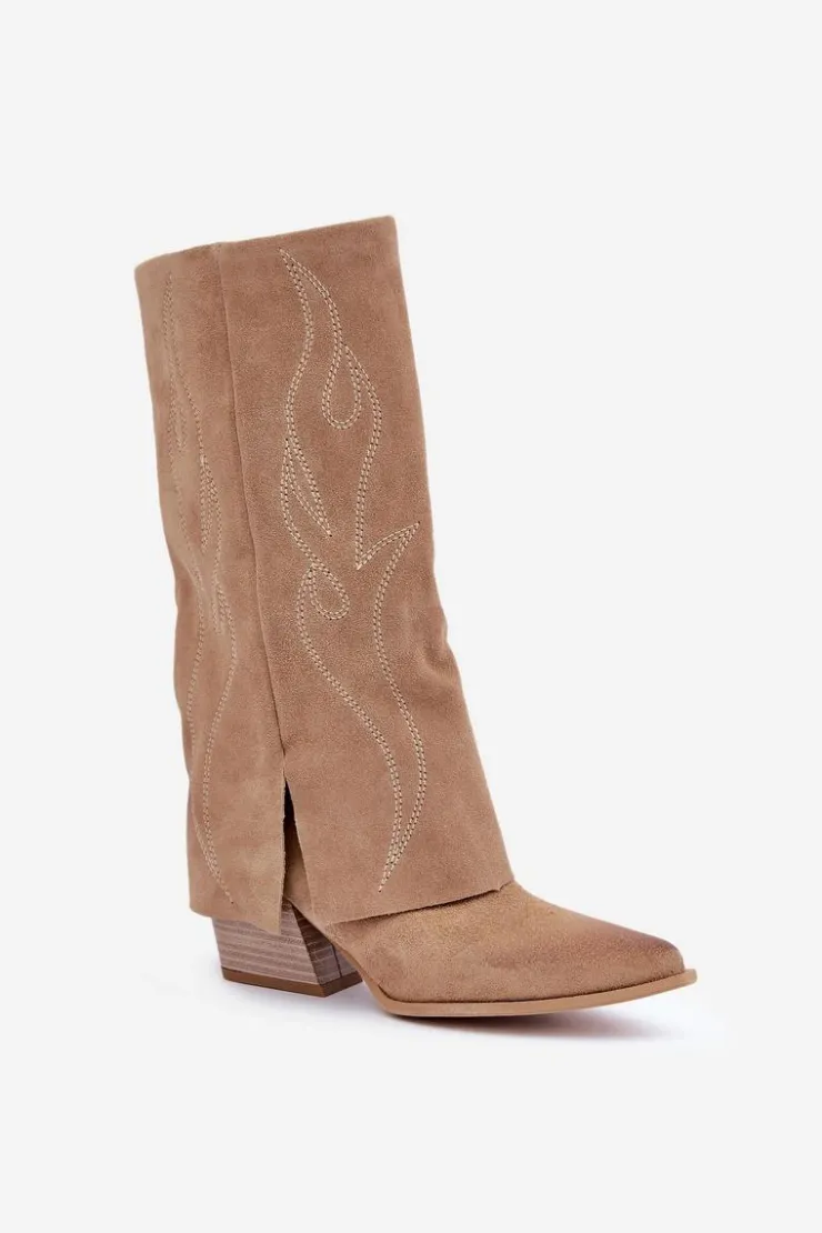 Damskie Zazoo Zamszowe Kozaki Do Połowy Łydki Z Wywiniętą Cholewką Na Słupku Beżowe 3487