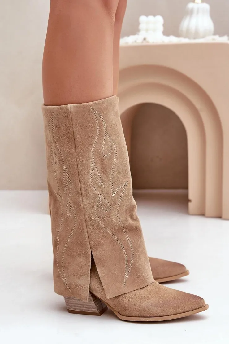 Damskie Zazoo Zamszowe Kozaki Do Połowy Łydki Z Wywiniętą Cholewką Na Słupku Beżowe 3487