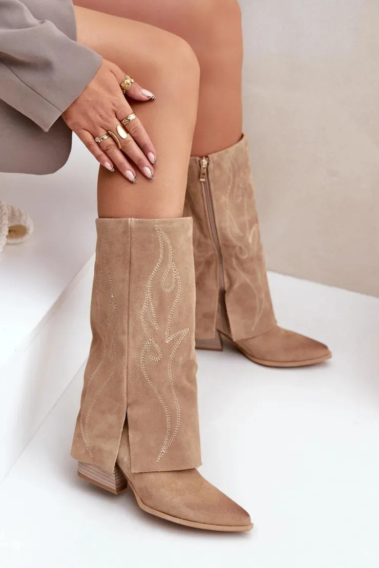 Damskie Zazoo Zamszowe Kozaki Do Połowy Łydki Z Wywiniętą Cholewką Na Słupku Beżowe 3487