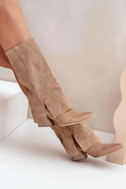 Damskie Zazoo Zamszowe Kozaki Do Połowy Łydki Z Wywiniętą Cholewką Na Słupku Beżowe 3487