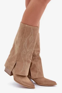 Damskie Zazoo Zamszowe Kozaki Do Połowy Łydki Z Wywiniętą Cholewką Na Słupku Beżowe 3487