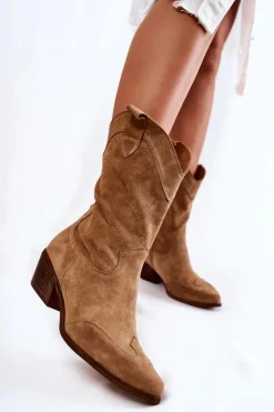 Online Boto Zamszowe Kozaki Kowbojki Lewski Shoes 3198 Beżowe