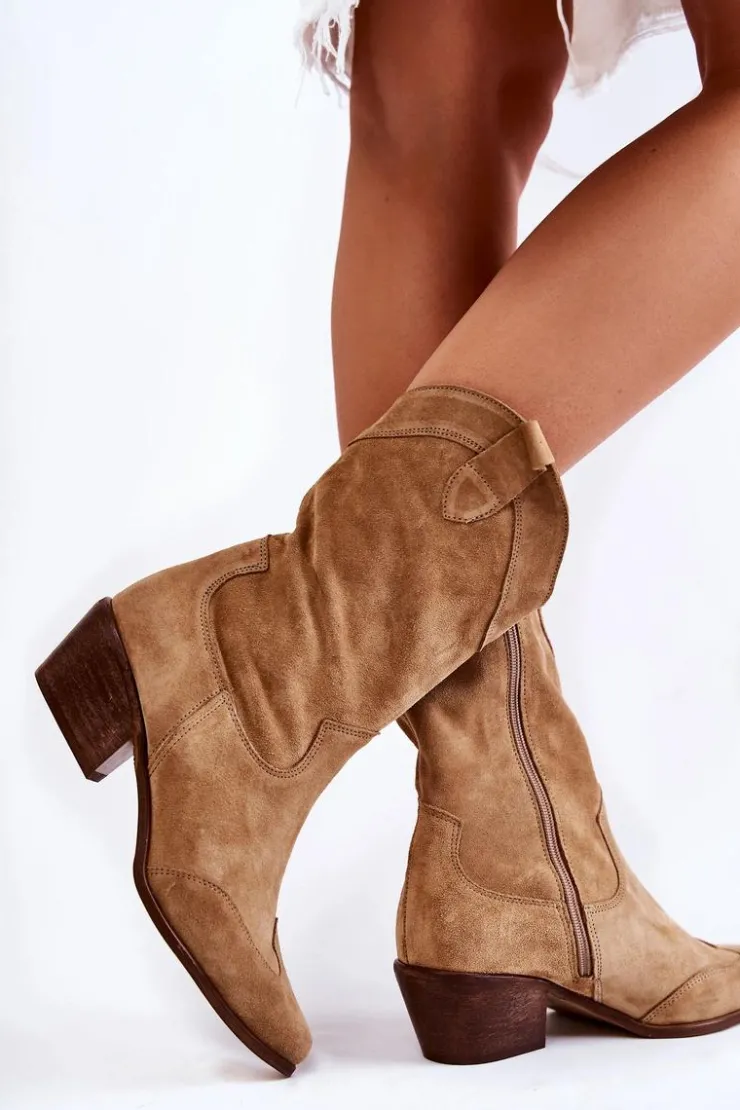 Online Boto Zamszowe Kozaki Kowbojki Lewski Shoes 3198 Beżowe