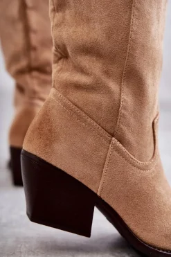 Damskie Boto Zamszowe Kozaki Kowbojki Beżowe Casey