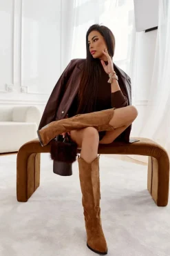 Boto Kozaki Wiosenne|Kozaki Na Obcasie*Zamszowe Kozaki Kowbojki Brązowe Casey