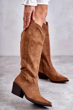 Boto Kozaki Wiosenne|Kozaki Na Obcasie*Zamszowe Kozaki Kowbojki Brązowe Casey