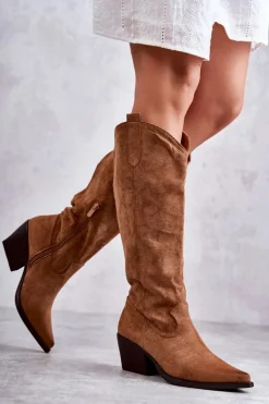 Boto Kozaki Wiosenne|Kozaki Na Obcasie*Zamszowe Kozaki Kowbojki Brązowe Casey