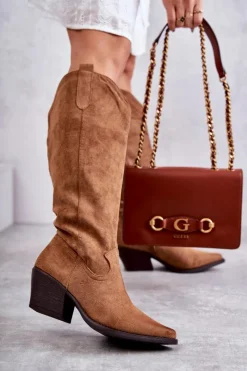 Boto Kozaki Wiosenne|Kozaki Na Obcasie*Zamszowe Kozaki Kowbojki Brązowe Casey