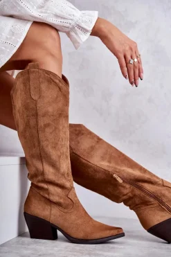 Boto Kozaki Wiosenne|Kozaki Na Obcasie*Zamszowe Kozaki Kowbojki Brązowe Casey