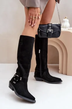 Best Zazoo Zamszowe Kozaki Kowbojki Na Niskim Obcasie Z Ozdobą 3656 Czarne