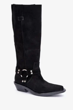 Best Zazoo Zamszowe Kozaki Kowbojki Na Niskim Obcasie Z Ozdobą 3656 Czarne