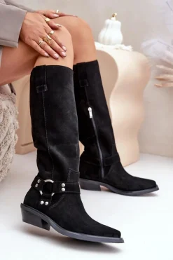 Best Zazoo Zamszowe Kozaki Kowbojki Na Niskim Obcasie Z Ozdobą 3656 Czarne