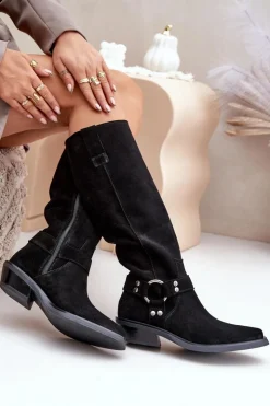 Best Zazoo Zamszowe Kozaki Kowbojki Na Niskim Obcasie Z Ozdobą 3656 Czarne