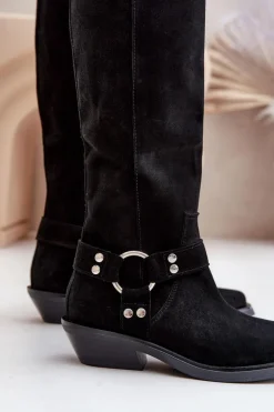 Best Zazoo Zamszowe Kozaki Kowbojki Na Niskim Obcasie Z Ozdobą 3656 Czarne