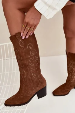 Clearance Zazoo Zamszowe Kozaki Kowbojki Damskie Na Obcasie Camel Karira Brązowy