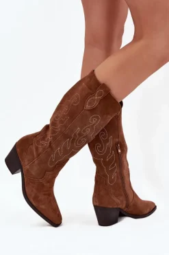 Clearance Zazoo Zamszowe Kozaki Kowbojki Damskie Na Obcasie Camel Karira Brązowy