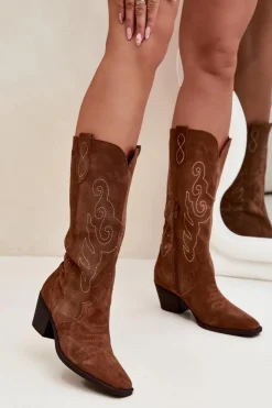 Clearance Zazoo Zamszowe Kozaki Kowbojki Damskie Na Obcasie Camel Karira Brązowy