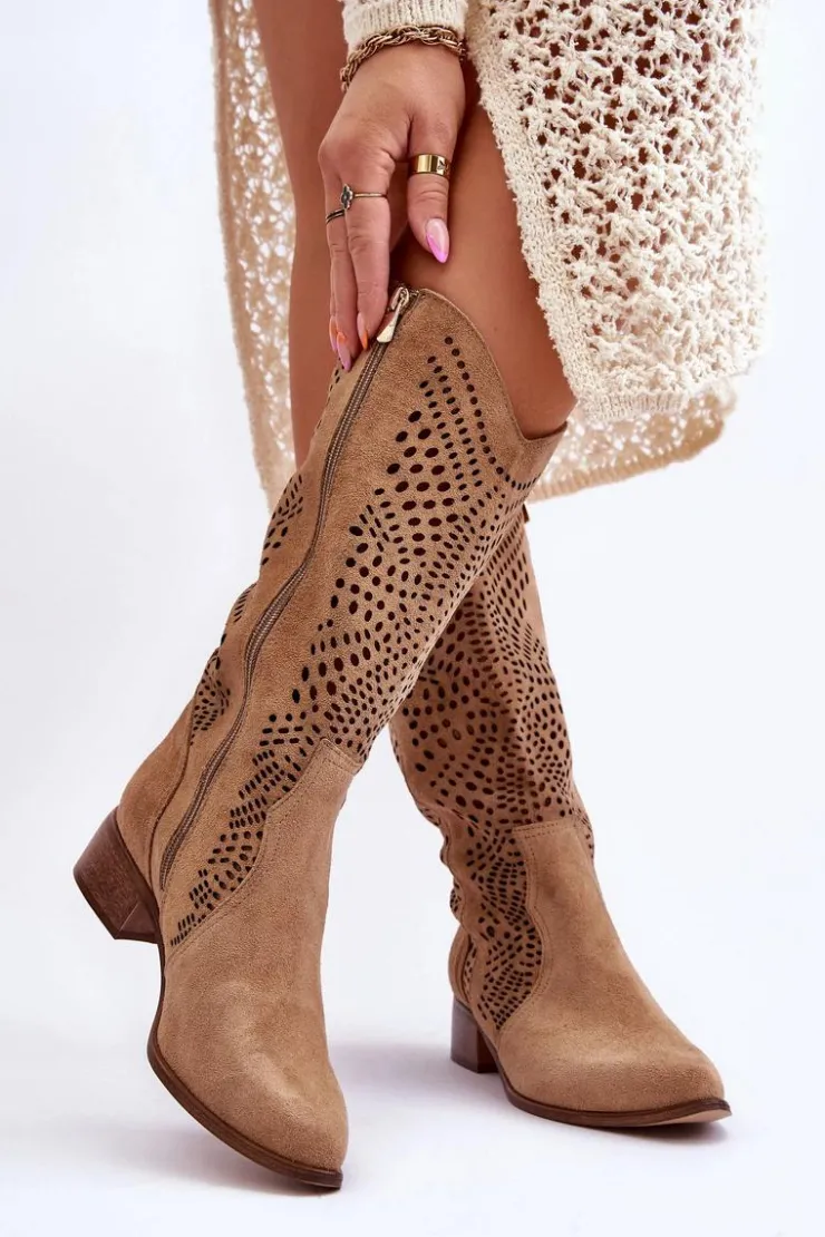 Damskie Zazoo Zamszowe Kozaki Kowbojki Przed Kolano Lewski Shoes 3305 Beżowe