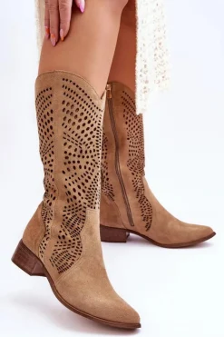 Damskie Zazoo Zamszowe Kozaki Kowbojki Przed Kolano Lewski Shoes 3305 Beżowe