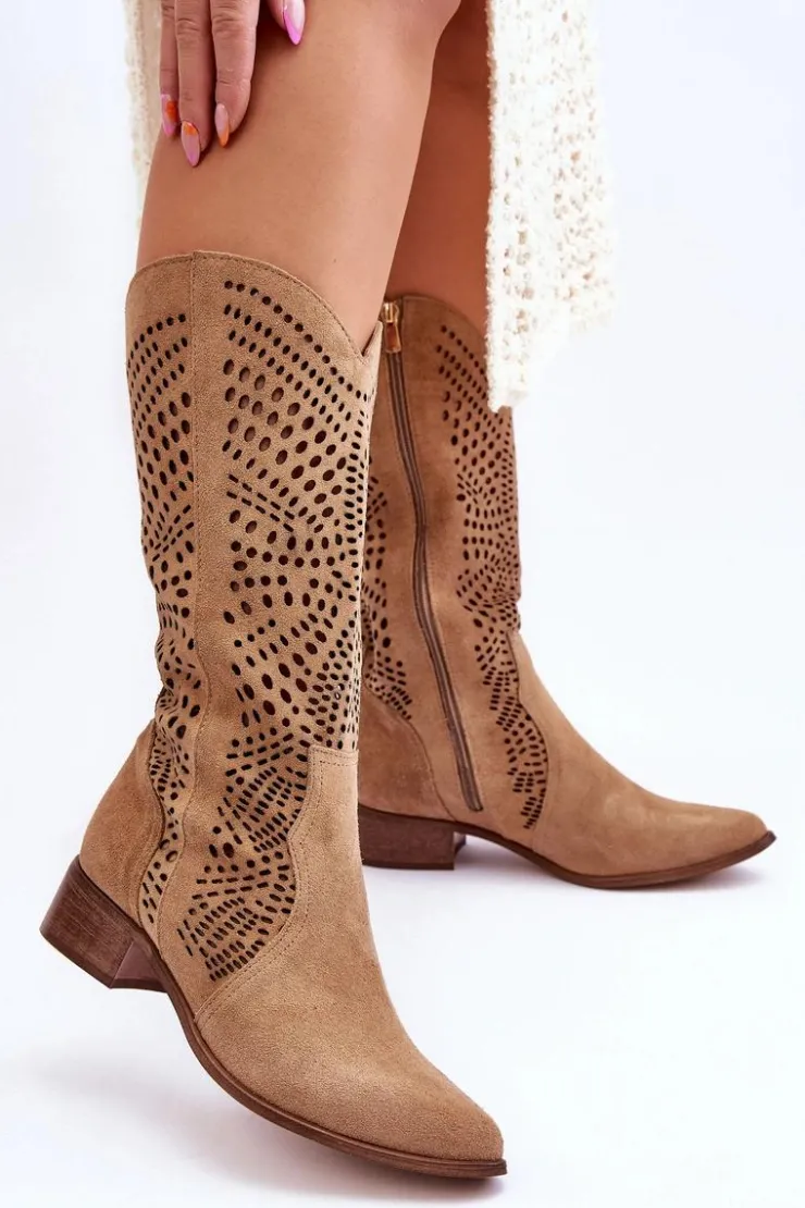Damskie Zazoo Zamszowe Kozaki Kowbojki Przed Kolano Lewski Shoes 3305 Beżowe