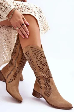 Damskie Zazoo Zamszowe Kozaki Kowbojki Przed Kolano Lewski Shoes 3305 Beżowe