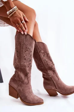 Damskie Boto Zamszowe Kozaki Kowbojki Z Ażurowym Wzorem Brązowe Naya