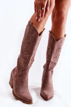 Damskie Boto Zamszowe Kozaki Kowbojki Z Ażurowym Wzorem Brązowe Naya